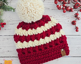 Crochet Winter Star Beanie | Chunky Red & Cream Striped Hat with Pom Pom