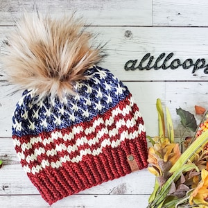 Americana Beanie | Women's Luxury Hand Knit American Flag Hat | Hand-dyed Wool Ladies Toque with Faux Fur Pom Pom | Luxury Gift for Her