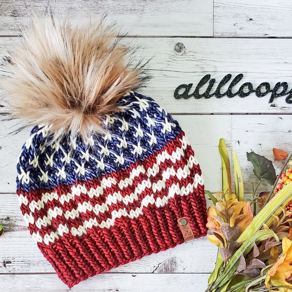 Americana Beanie | Women's Luxury Hand Knit American Flag Hat | Hand-dyed Wool Ladies Toque with Faux Fur Pom Pom | Luxury Gift for Her