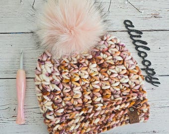 Ladies OOAK Crocheted Starburst Beanie in Cozy Handdyed Wool with Faux Fur Pom Pom