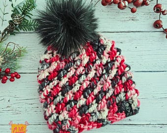Chunky Wool Hat: Crocheted Fattie Mattie Beanie in Cardinal