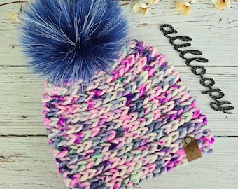 Handmade Fall Ponderosa Beanie in Gemstone with Universe Luxury Faux Fur Pom Pom