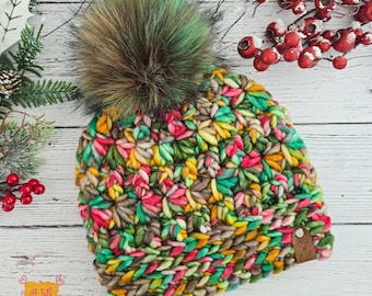 Crocheted Winter Star Beanie - Hand-Dyed Super Bulky Wool Hat with Faux Fur Pom