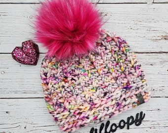 Ladies OOAK Crocheted Sakura Beanie in Cozy Handdyed Wool with Faux Fur Pom Pom