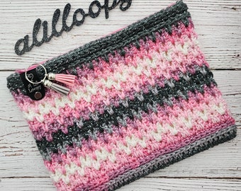 Handmade Crocheted Large Northern Forest Zipper Make Up Bag in Sparkly Shades of Pink, White, and Gray - Ready to Ship