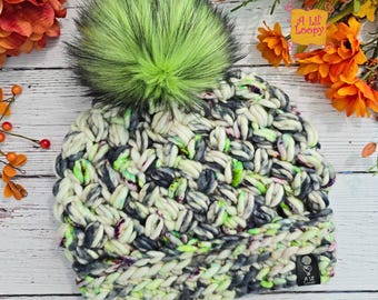 BeetleGhost Daily Brew Beanie - Hand-Dyed Super bulky Wool Hat with Faux Fur Pom