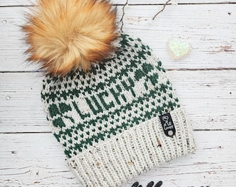 Handmade Knit Lucky Beanie in Tween and Green Wool-Blend Yarn with Luxury Ginger Faux Fur Pom - Ready to Ship