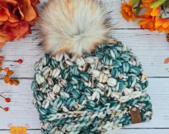Forest Birch Daily Brew Beanie - Hand-Dyed Super bulky Wool Hat with Faux Fur Pom