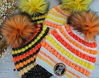 Gorro de punto con diseño de caramelos de maíz / Gorro de Halloween con pompón de piel sintética