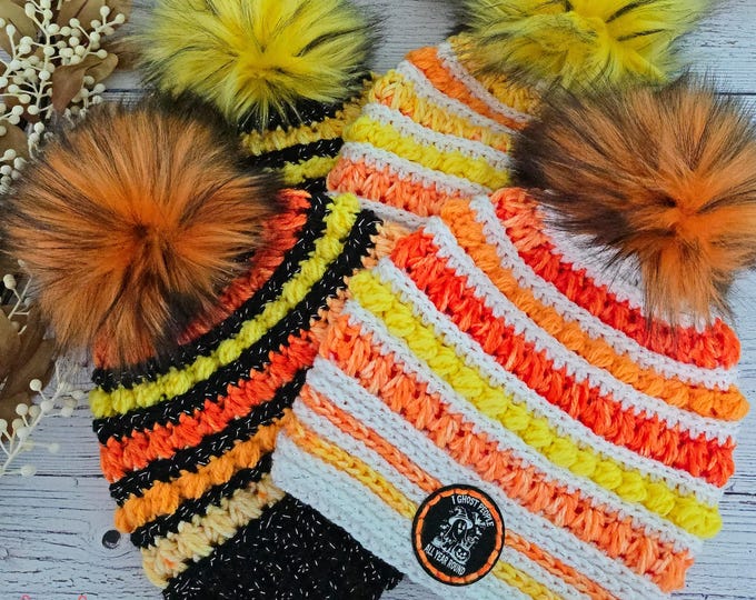 Featured listing image: Candy Corn Crocheted Beanie | Halloween Hat with Faux Fur Pom