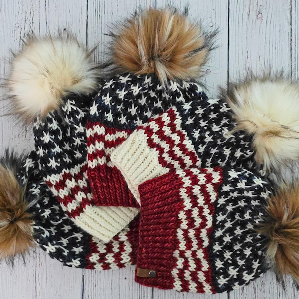 Americana Beanie: Gorro de lana merino tejido a mano con la bandera estadounidense y pompón de piel sintética