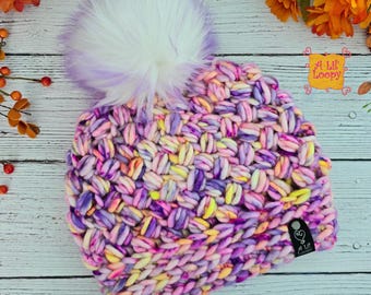 Iris Glow Daily Brew Beanie - Hand-Dyed Super bulky Wool Hat with Faux Fur Pom
