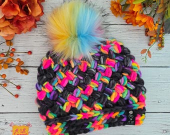 Stormy Rainbow Daily Brew Beanie - Hand-Dyed Super bulky Wool Hat with Faux Fur Pom