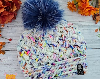 Sprinkle Pop Daily Brew Beanie - Hand-Dyed Super bulky Wool Hat with Faux Fur Pom