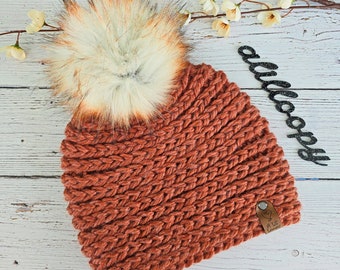 Handmade Fall Ponderosa Beanie in Pumpkin with Red Panda Faux Fur Pom
