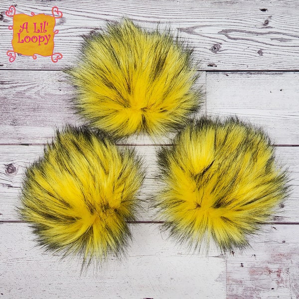 Bumblebee Faux Fur Pom Pom | Yellow and Black Faux Fur Pom | Yellow Faux Fur Pom with Black Tips