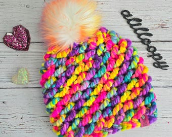 Ladies OOAK Crocheted Fattie Mattie Beanie in Cozy Handdyed Wool with Faux Fur Pom Pom