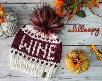 Women's Knit Wine Hat in Cream & Burgundy