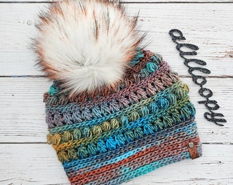 Colorful Crocheted Ladies Snow Kissed Beanie with Faux Fur Pom