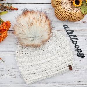 Women&#39;s Winter Hat | Handmade Crocheted Anneliese Beanie in Cream with Red Panda Faux Fur Pom | Cozy Neutral Ladies Toque  - Ready to Ship