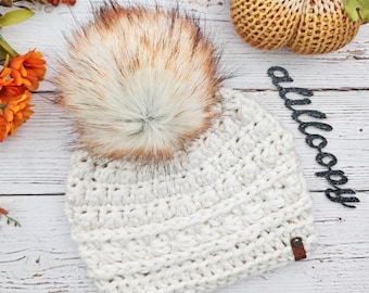 Women's Winter Hat | Handmade Crocheted Anneliese Beanie in Cream with Red Panda Faux Fur Pom | Cozy Neutral Ladies Toque  - Ready to Ship