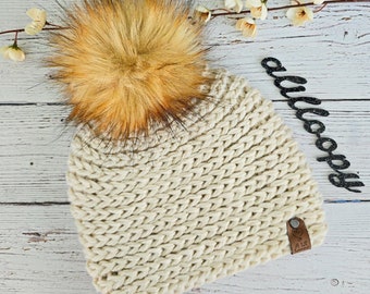 Handmade Fall Ponderosa Beanie in Cream with Ginger Faux Fur Pom Pom