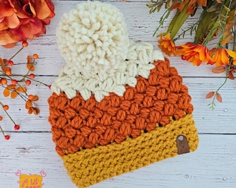 Crocheted Candy Corn Beanie - Ladies Fall Hat with Yarn Pom