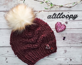 Handmade Knit Arrow Beanie in Cranberry Wool-Blend with Luxury Cream Faux Fur Pom - Ready to Ship