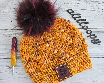 Ladies OOAK Crocheted Virginia Beanie in Cozy Handdyed Wool with Faux Fur Pom Pom