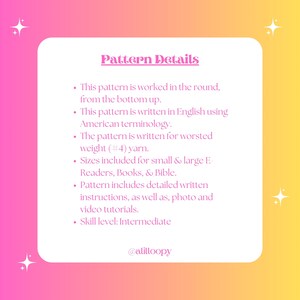 Pode incluir: Gr&aacute;fico com o t&iacute;tulo "Pattern Details" em um fundo gradiente rosa e amarelo. O texto descreve um padr&atilde;o de croch&ecirc; escrito em ingl&ecirc;s com terminologia americana, para fio de peso m&eacute;dio, e inclui instru&ccedil;&otilde;es, fotos e tutoriais em v&iacute;deo. N&iacute;vel de habilidade: Intermedi&aacute;rio.