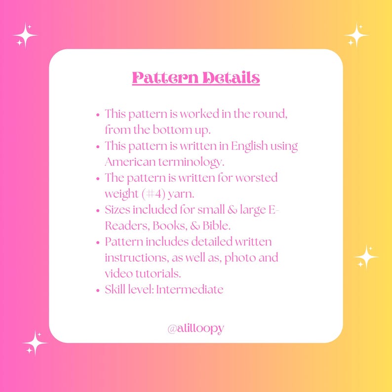 Pode incluir: Gr&aacute;fico com o t&iacute;tulo "Pattern Details" em um fundo gradiente rosa e amarelo. O texto descreve um padr&atilde;o de croch&ecirc; escrito em ingl&ecirc;s com terminologia americana, para fio de peso m&eacute;dio, e inclui instru&ccedil;&otilde;es, fotos e tutoriais em v&iacute;deo. N&iacute;vel de habilidade: Intermedi&aacute;rio.