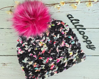 Ladies OOAK Crocheted Sakura Beanie in Cozy Handdyed Wool with Faux Fur Pom Pom