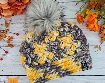 Quaking Aspens Daily Brew Beanie - Hand-Dyed Super bulky Wool Hat with Faux Fur Pom