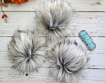 SIlver Fox Faux Fur Pom Pom, SIlver and Gray Fur Pom with Black Tips