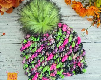 Ladies OOAK Crocheted Fattie Mattie Beanie in Cozy Handdyed Wool with Faux Fur Pom Pom