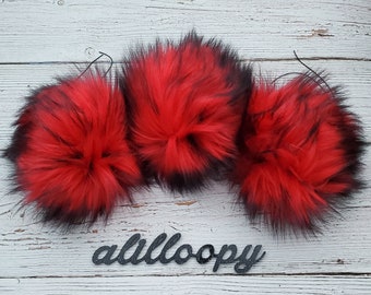 Upside Down Faux Fur Pom Pom, Red and Black Fur Pom