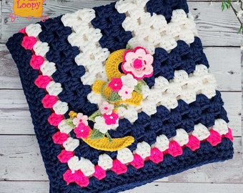 Crocheted Baby Blanket in Navy Blue, White, and Hot Pink Yarn with Anchor and Flowers | Baby Shower Gift Set - Ready to Ship