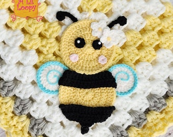 Crocheted Baby Blanket in Yellow, White, and Gray Yarn with Bumble Bee and Daisies | Baby Shower Gift Set - Ready to Ship