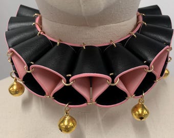 Black Pink Harlequin Leather Collar with Golden Bells