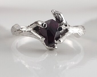 Hand Cut Ant Hill Garnet Ring – 14k White Gold Engagement Ring
