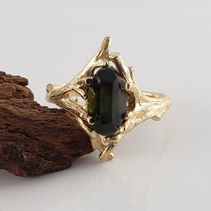 Raw Hand Cut Polished Green Tourmaline Engagement Ring, Bridal Set, Anniversary Ring in a 14k Yellow Gold Twig Setting by Dawn image 2