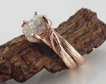 Rough Raw Diamond Twig Style Engagement Ring Set, Crossover Twig Hand Sculpted Raw Diamond Wedding Rings, Solid Gold by DV Jewelry Designs