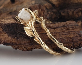 Rough Diamond Bridal Set with Leaf and Twig Design in 14k Yellow Gold - Engagement Ring by DV Jewelry Designs