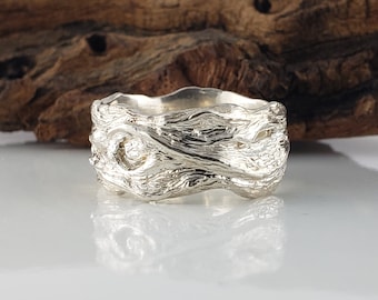 Driftwood Inspired Wedding Band en anillo de compromiso de oro macizo - Anillo de rama de árbol - Banda de bodas de rama - Banda de bodas de hoja