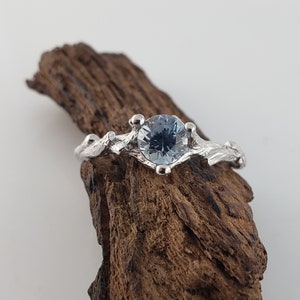 Teal Montana Sapphire Twig Engagement Ring in 14k White Gold, Solitaire Ring