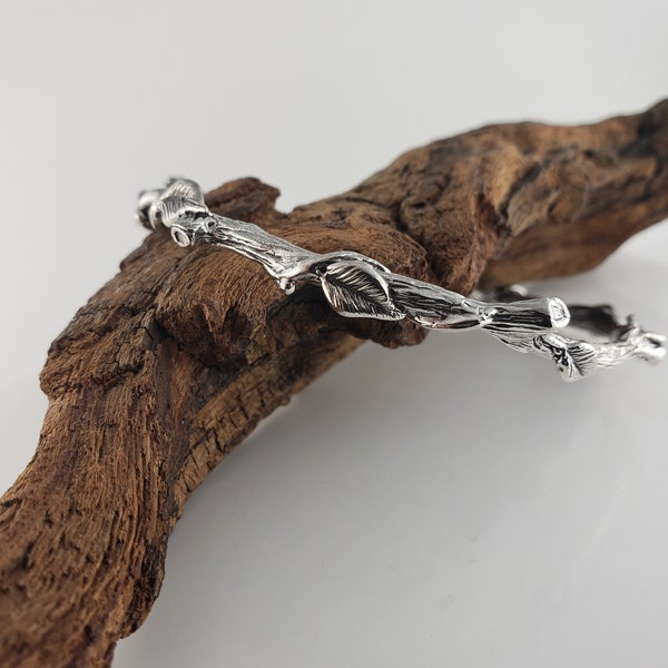 Leaf and Vine Twig Bangle Bracelet in Sterling Silver - Polished or Oxidized- by DV Jewelry Designs