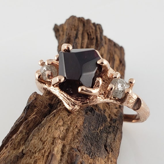 Natural Garnet Gemstone Ring, Rose Gold Engagement Ring - Moissanite Stone Ring - Wedding - Anniversary Jewelry