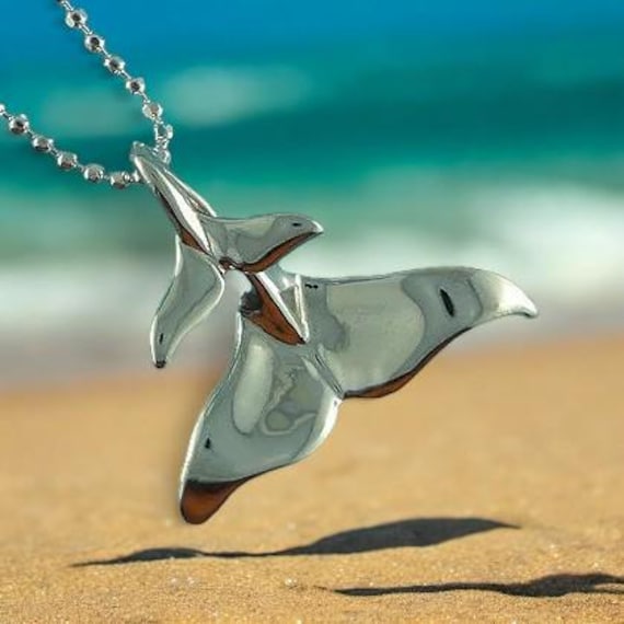 Silver Ocean Whale Tail Pendant Set for Mother and Child, Beach Jewelry