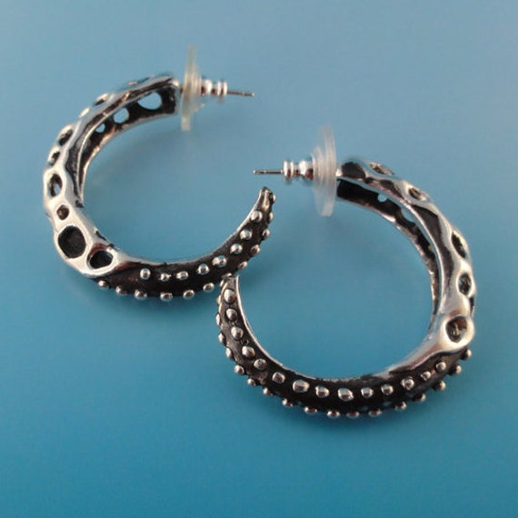 Starfish Tentacle Hoop Earrings with Sea Fan in Sterling Silver, Post Hoop Earrings, Custom Handmade Jewelry, Ocean Inspired Jewelry