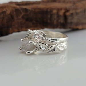 Rough Diamond Leaf and Twig Ring - Sterling Silver Engagement Ring or Bridal Set by DV Jewelry Designs